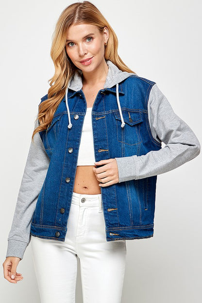 Women's Denim Jacket with Fleece Hoodie – Contrast Sleeves & Detachable Hood Dark Blue