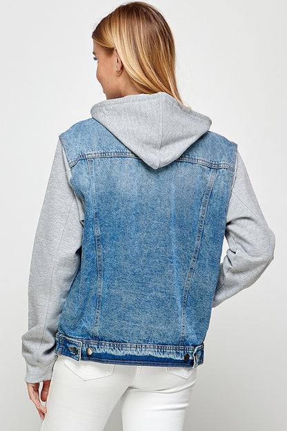 Women's Denim Jacket with Fleece Hoodie – Contrast Sleeves & Detachable Hood