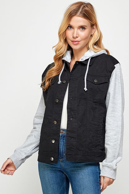 Women's Denim Jacket with Fleece Hoodie – Contrast Sleeves & Detachable Hood