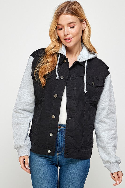 Women's Denim Jacket with Fleece Hoodie – Contrast Sleeves & Detachable Hood Black