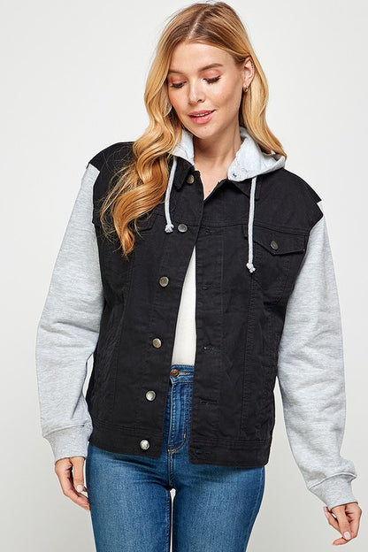 Women's Denim Jacket with Fleece Hoodie – Contrast Sleeves & Detachable Hood Black