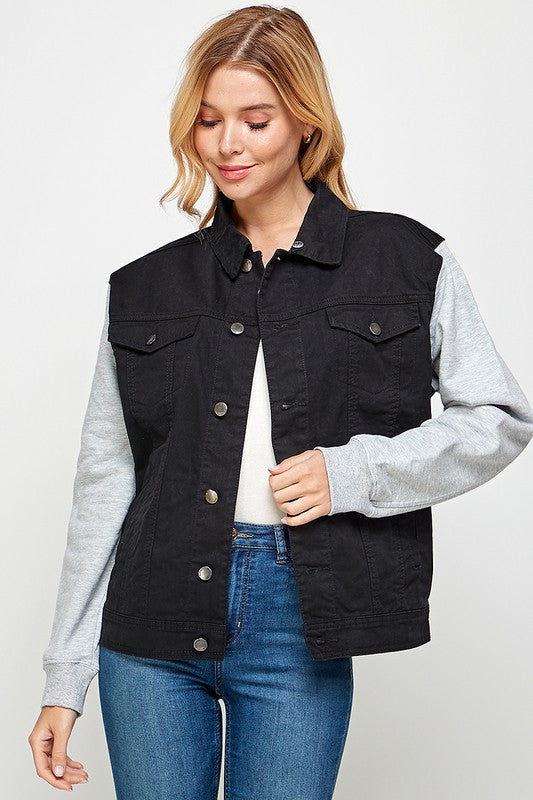 Women's Denim Jacket with Fleece Hoodie – Contrast Sleeves & Detachable Hood