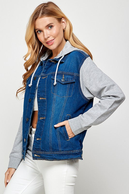 Women's Denim Jacket with Fleece Hoodie – Contrast Sleeves & Detachable Hood