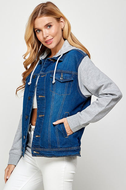 Women's Denim Jacket with Fleece Hoodie – Contrast Sleeves & Detachable Hood