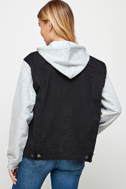 Women's Denim Jacket with Fleece Hoodie – Contrast Sleeves & Detachable Hood