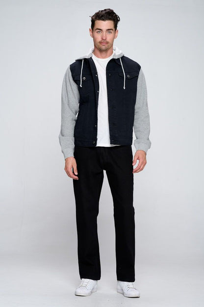 The All-Rounder: Men’s Hybrid Denim Jacket with Contrast Fleece Hoodie & Sleeves
