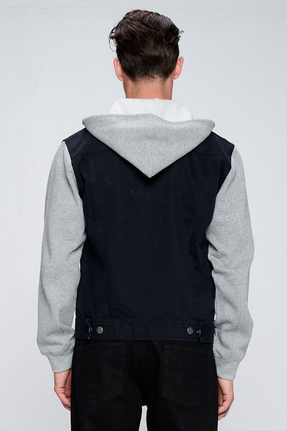 The All-Rounder: Men’s Hybrid Denim Jacket with Contrast Fleece Hoodie & Sleeves