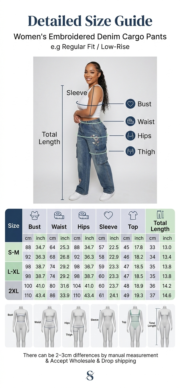 Women's Embroidered Denim Cargo Outfit - Full Sleeve Jacket & Pants