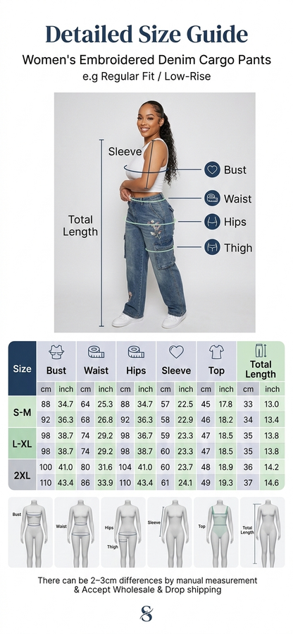 Women's Embroidered Denim Cargo Outfit - Full Sleeve Jacket & Pants