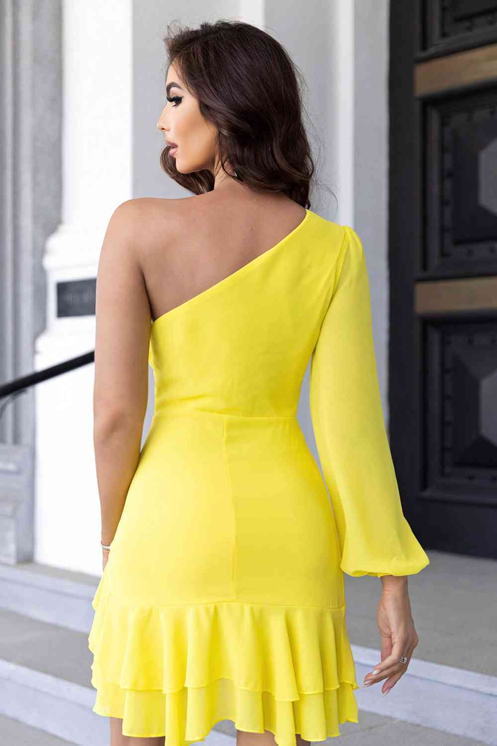 Women's One-Shoulder Ruffled Cut-Out Tied Mini Dress - Banana Yellow