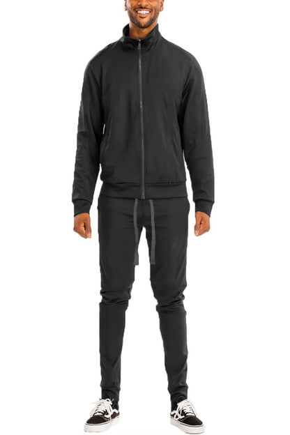 Men's Skinny Fit Solid Tracksuit Set - Full Zip-Up Jacket & Jogger Pants Black