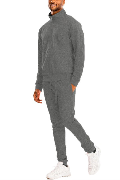 Men's Skinny Fit Solid Tracksuit Set - Full Zip-Up Jacket & Jogger Pants Charcoal