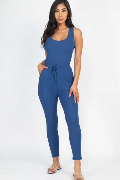 Ribbed Sleeveless Drawstring Jumpsuit – Bodycon Stretch Knit One-Piece Blue haze