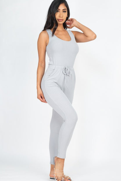 Ribbed Sleeveless Drawstring Jumpsuit – Bodycon Stretch Knit One-Piece