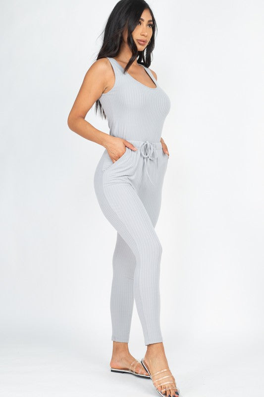 Ribbed Sleeveless Drawstring Jumpsuit – Bodycon Stretch Knit One-Piece
