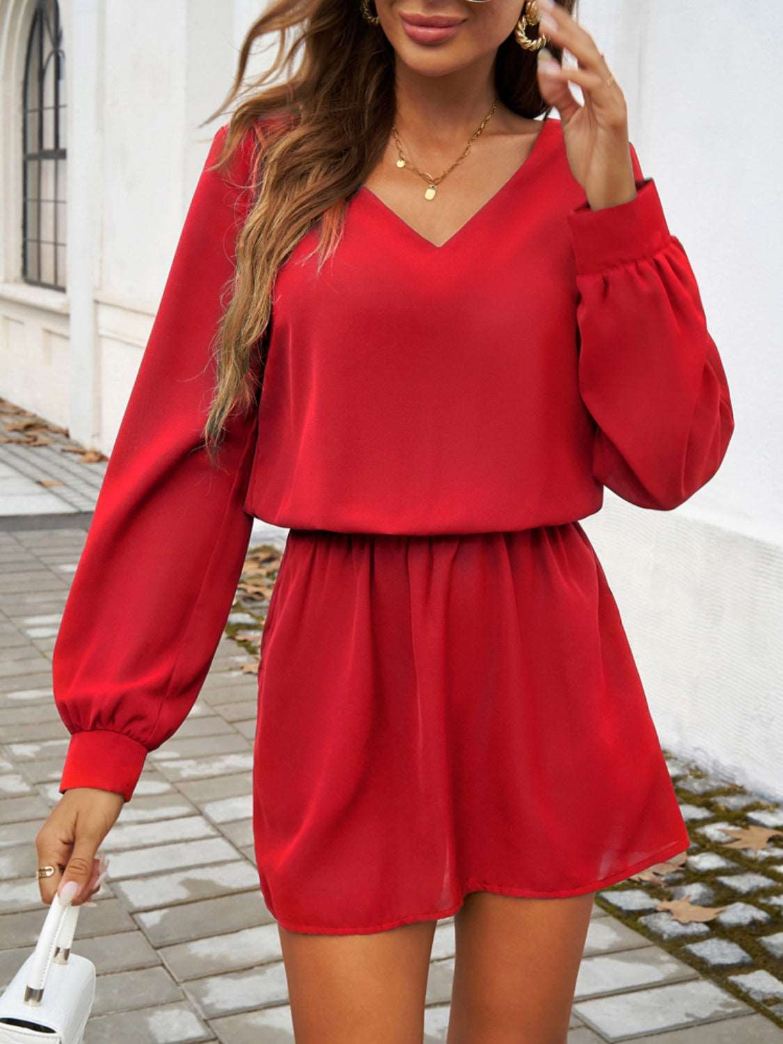 Elegant Cutout V-Neck Long Sleeve Mini Dress