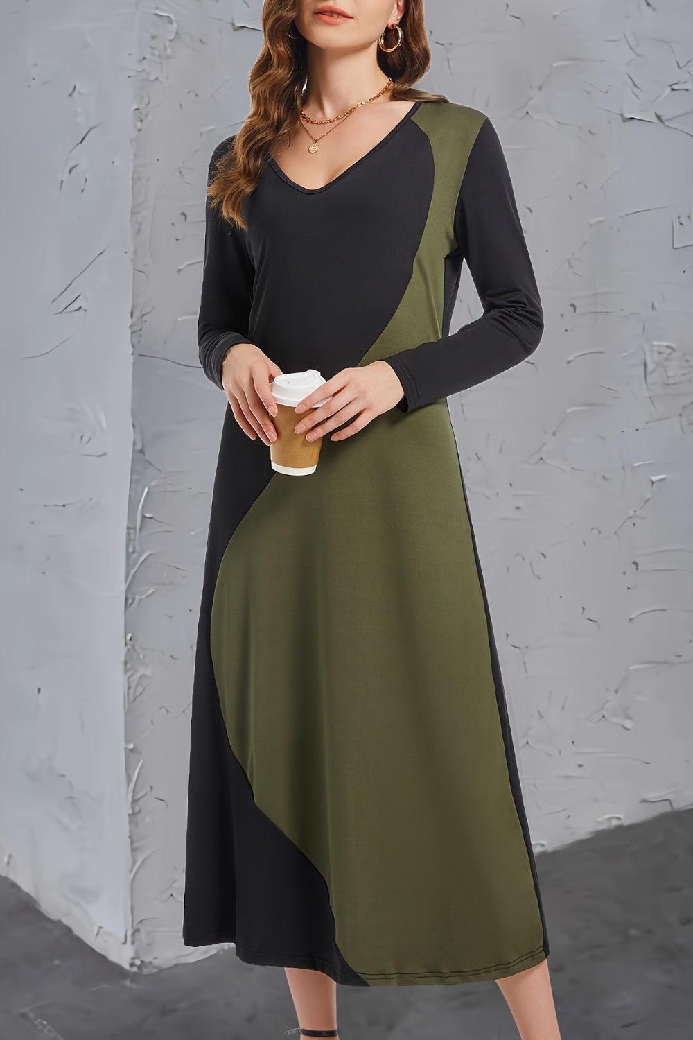 Women's Contrast Long Sleeve Midi Dress