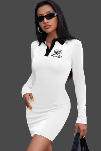 Women's Graphic Collared Long Sleeve Mini Dress - White