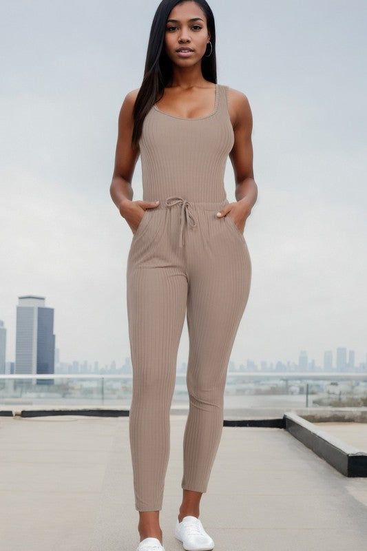 Ribbed Sleeveless Drawstring Jumpsuit – Bodycon Stretch Knit One-Piece Taupe
