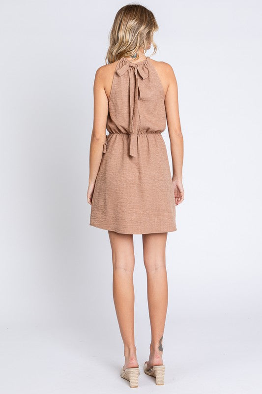 Halter Neck Wrap Mini Dress - Smocked Fit and Flare Silhouette
