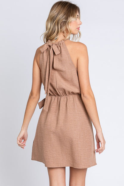 Halter Neck Wrap Mini Dress - Smocked Fit and Flare Silhouette