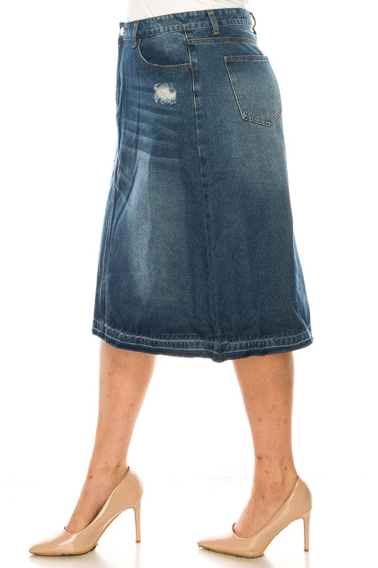 Be-Girl Plus Size A-Line Distressed Denim Skirt - Raw Hem Mid-Length