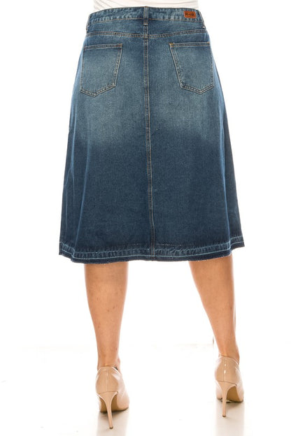 Be-Girl Plus Size A-Line Distressed Denim Skirt - Raw Hem Mid-Length