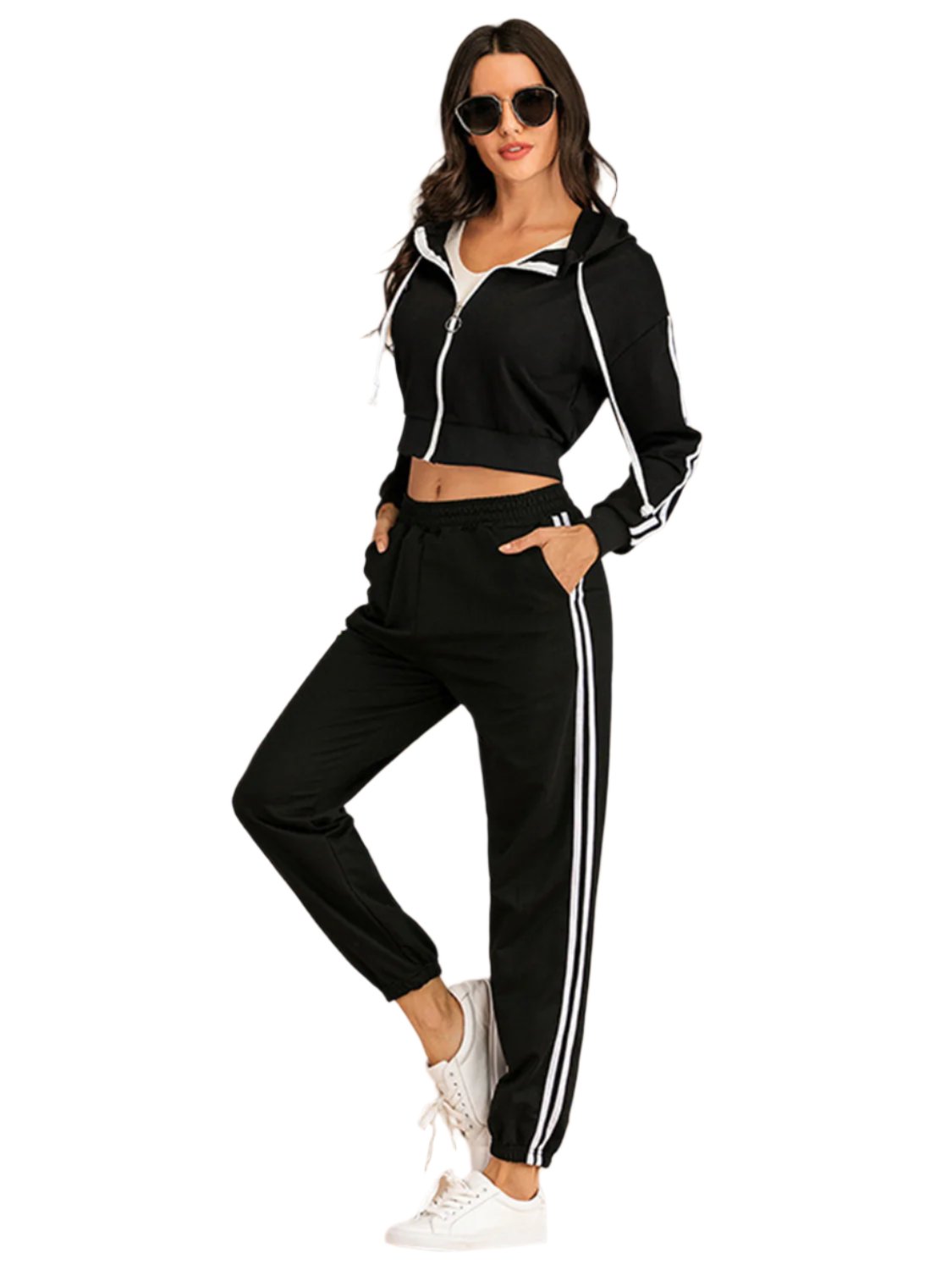 Women's Drawstring Side Stripe Zip Up Hooded Top and Pants Set