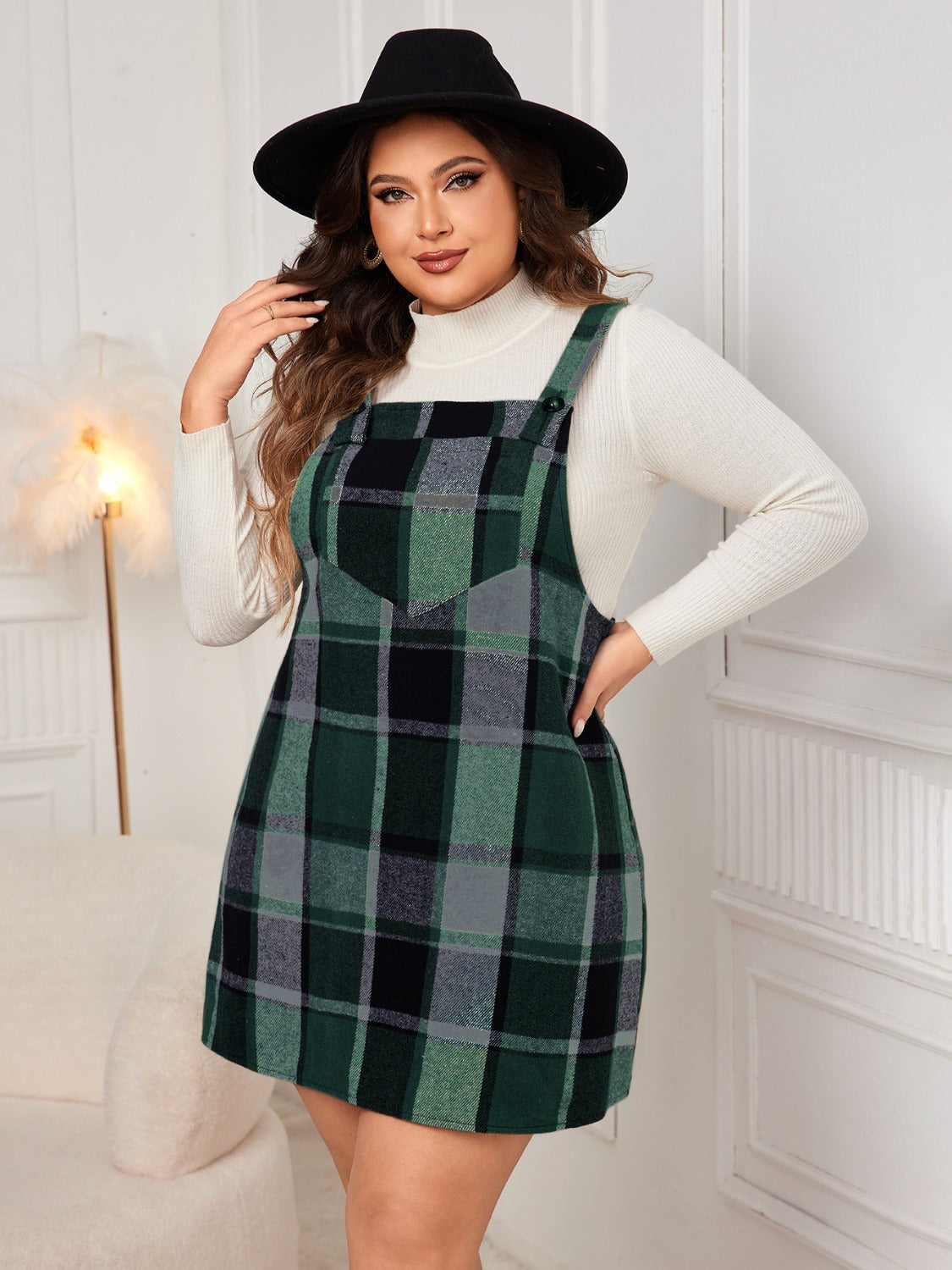 Honey Plus Size Plaid Wide Strap Overall Mini Dress