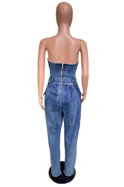BY CLAUDE Strapless Denim Jumpsuit | Elastic Bust, Back Zip & Side Pocket — Navy