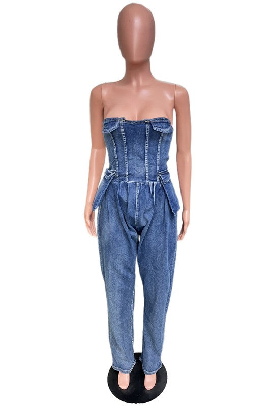 BY CLAUDE Strapless Denim Jumpsuit | Elastic Bust, Back Zip & Side Pocket — Navy