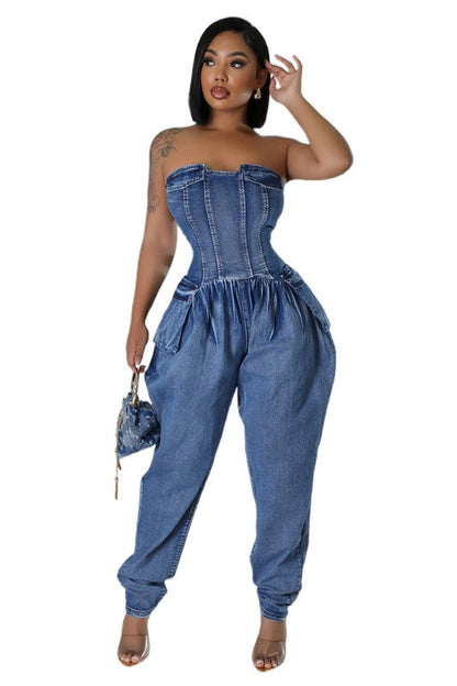 BY CLAUDE Strapless Denim Jumpsuit | Elastic Bust, Back Zip & Side Pocket — Navy