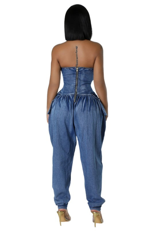 BY CLAUDE Strapless Denim Jumpsuit | Elastic Bust, Back Zip & Side Pocket — Navy
