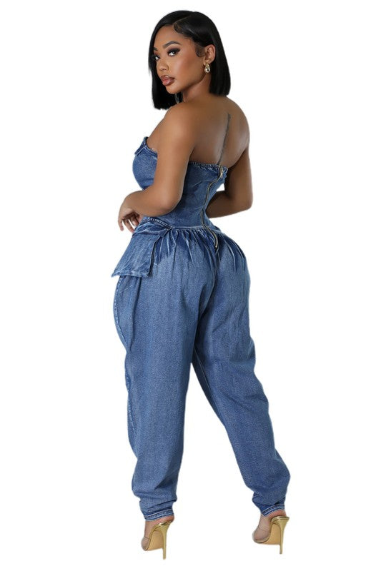 BY CLAUDE Strapless Denim Jumpsuit | Elastic Bust, Back Zip & Side Pocket — Navy