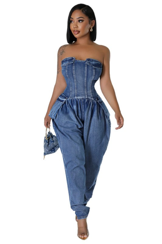 BY CLAUDE Strapless Denim Jumpsuit | Elastic Bust, Back Zip & Side Pocket — Navy
