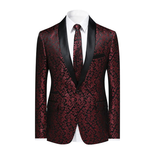 Men's Floral Embroidered Tuxedo Blazer | 1-Button Shawl Collar Suit Jacket Red