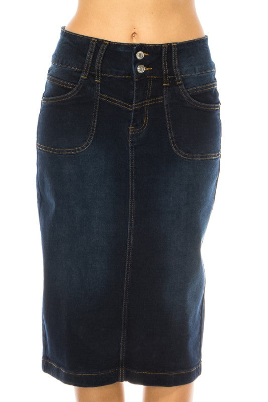 Be-Girl Women's Stretch Denim Knee-Length Pencil Skirt – Classic 2-Button Closure