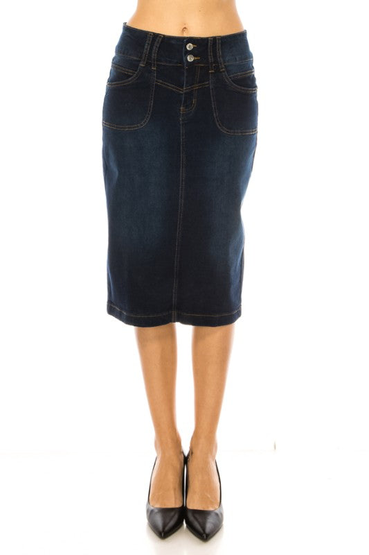 Be-Girl Women's Stretch Denim Knee-Length Pencil Skirt – Classic 2-Button Closure Dk.Indigo Wash