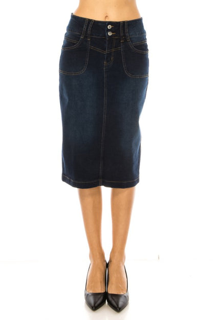 Be-Girl Women's Stretch Denim Knee-Length Pencil Skirt – Classic 2-Button Closure Dk.Indigo Wash