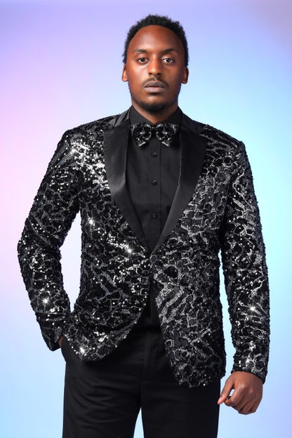 Men's Sequin Stripe Tuxedo Jacket with Bow Tie | 1-Button Notched Lapel Blazer