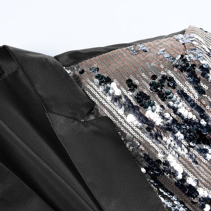Men's Silver Sequin Patchwork Tuxedo Jacket | 1-Button Notched Lapel Shimmer Blazer