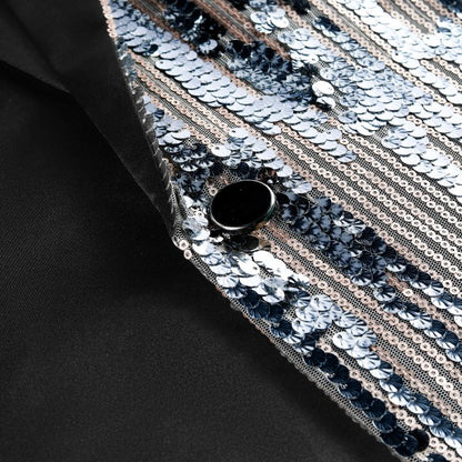 Men's Silver Sequin Patchwork Tuxedo Jacket | 1-Button Notched Lapel Shimmer Blazer