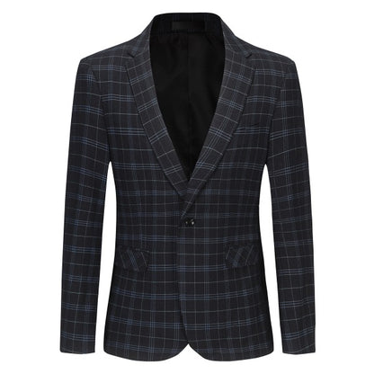 Men's Slim Fit Windowpane Check 1-Button Blazer | Notched Lapel Tweed Jacket – Navy Blue & Black Black