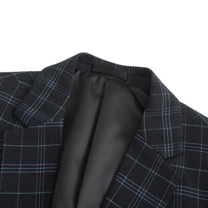 Men's Slim Fit Windowpane Check 1-Button Blazer | Notched Lapel Tweed Jacket – Navy Blue & Black