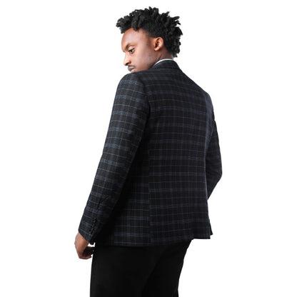 Men's Slim Fit Windowpane Check 1-Button Blazer | Notched Lapel Tweed Jacket – Navy Blue & Black