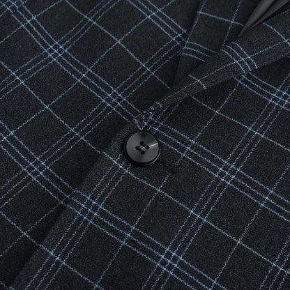 Men's Slim Fit Windowpane Check 1-Button Blazer | Notched Lapel Tweed Jacket – Navy Blue & Black