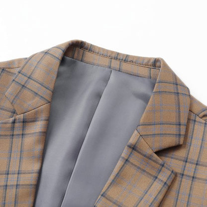 Men's Plaid Tartan 1-Button Blazer | Slim Fit Notched Lapel Tweed Jacket – Grey & Dark Khaki