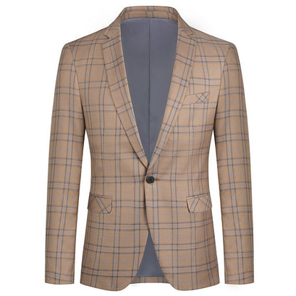 Men's Plaid Tartan 1-Button Blazer | Slim Fit Notched Lapel Tweed Jacket – Grey & Dark Khaki Dark Khaki