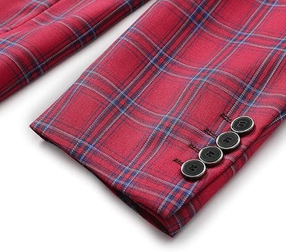 Men's Plaid Tartan 1-Button Blazer | Slim Fit Notched Lapel Tweed Jacket – Red & Blue