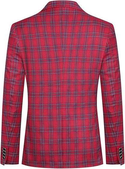 Men's Plaid Tartan 1-Button Blazer | Slim Fit Notched Lapel Tweed Jacket – Red & Blue